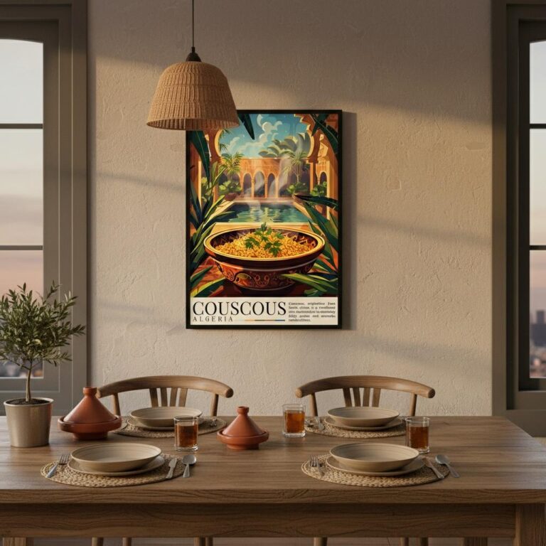 Poster illustry paysage oriental avec plat de couscous