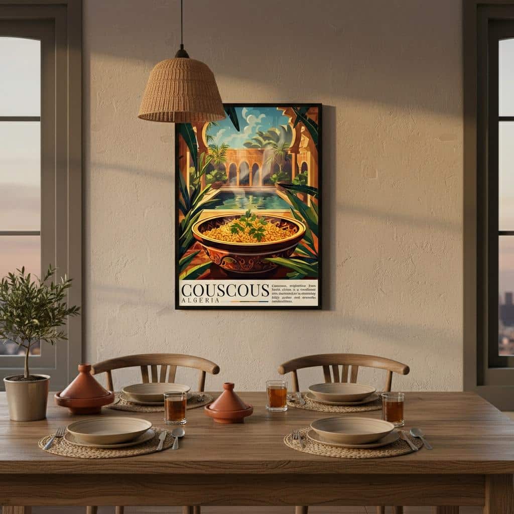 Poster illustry paysage oriental avec plat de couscous