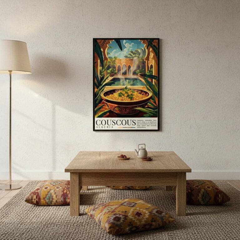 Poster illustry paysage oriental avec plat de couscous