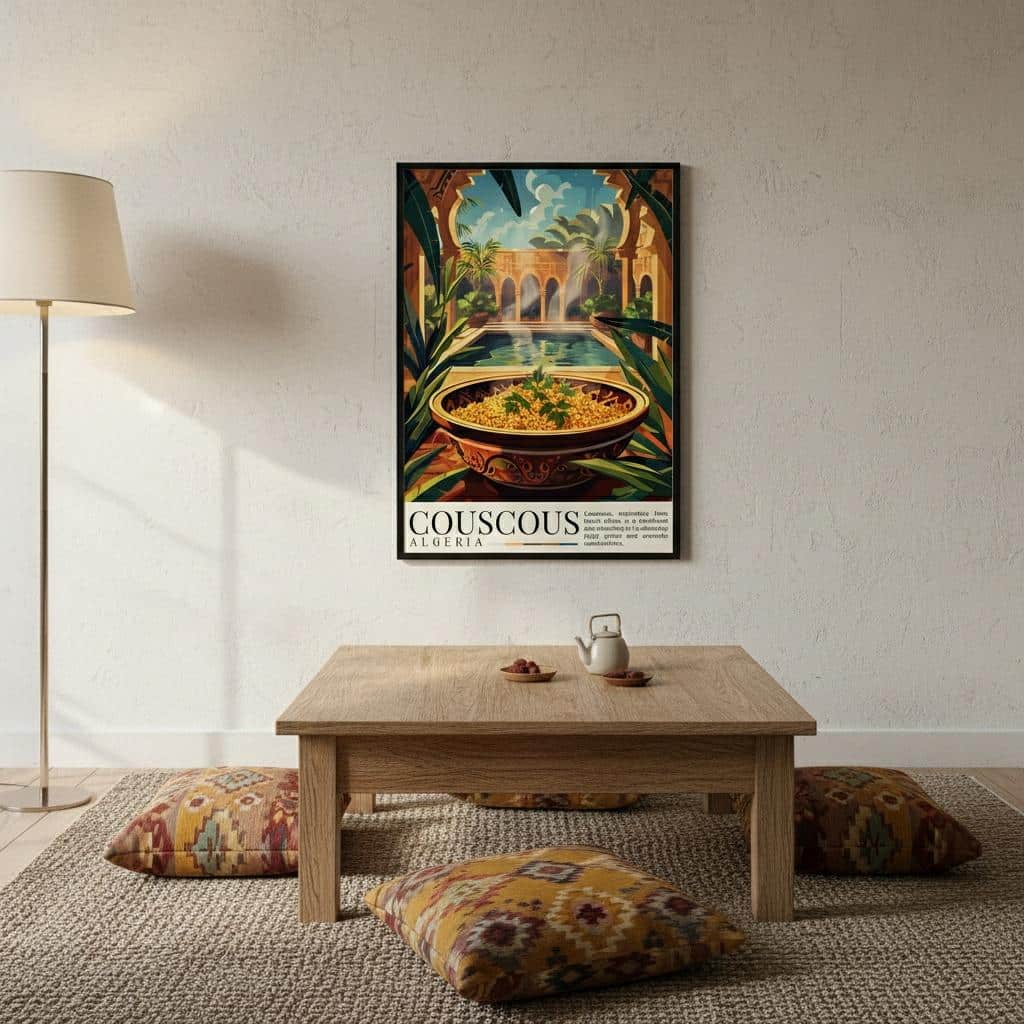 Poster illustry paysage oriental avec plat de couscous