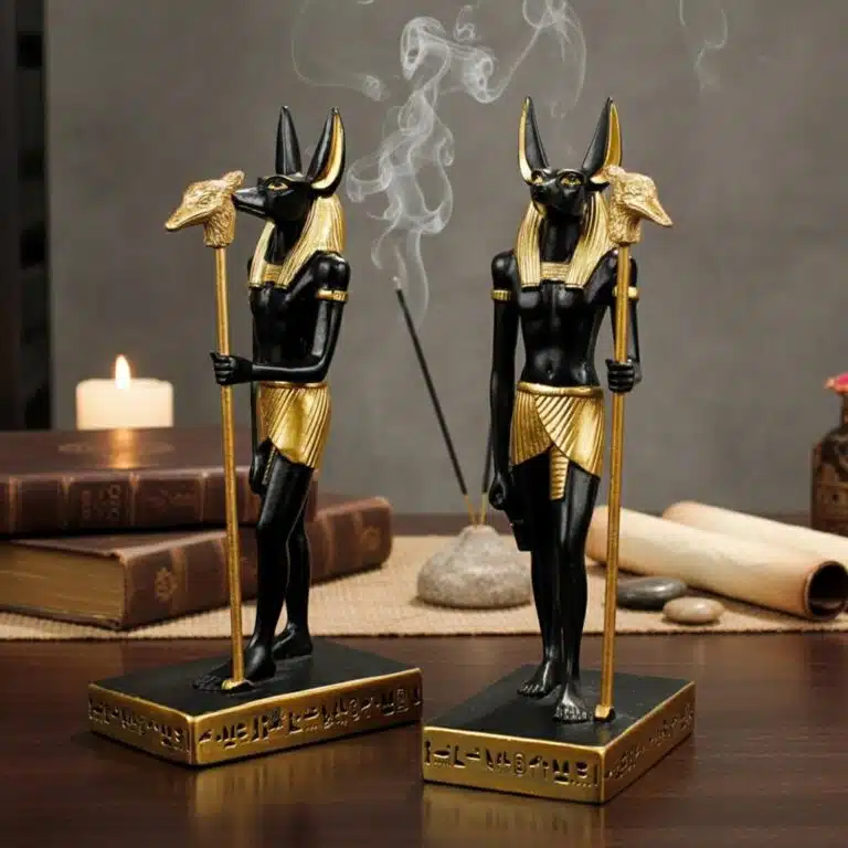 Statue Anubis en résine, noire et dorée