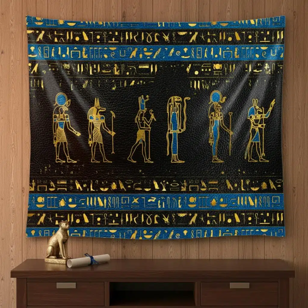 Tapisserie ancienne à motif pharaonique noir et bleu