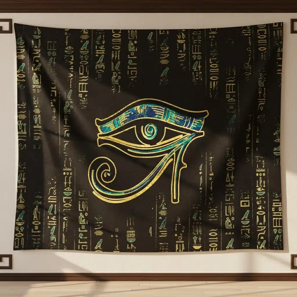 Tapisserie murale noir et doré avec symbole oeil d’Horus