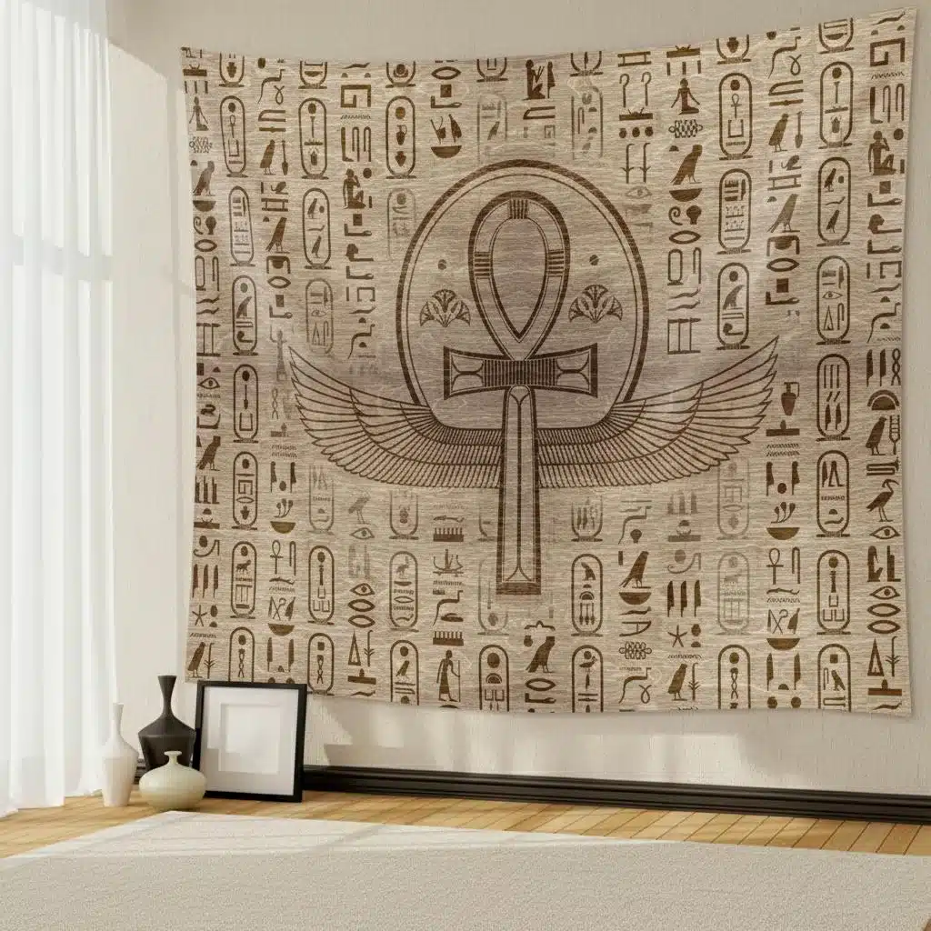 Tapisserie murale égyptienne avec hiéroglyphes et Ankh ailé