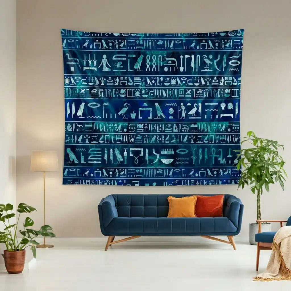 Tapisserie murale égyptienne bleue avec hiéroglyphes