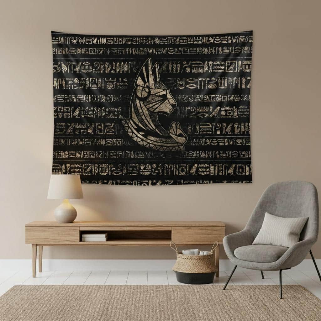 Tapisserie Orientale Noire avec Symbole de Chat Égyptien
