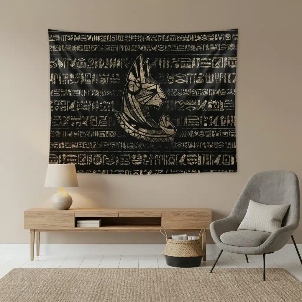 Tapisserie orientale noire avec symbole de chat égyptien
