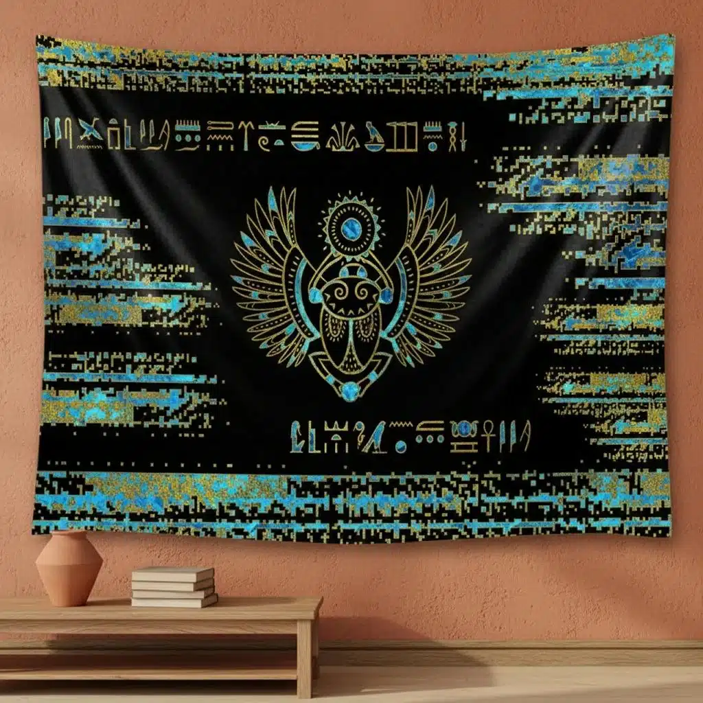 Tenture murale égyptienne à motif scarabée doré et bleu