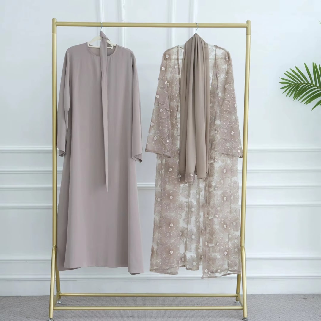 Abaya 3 Pièces avec Dentelle Perlée 10