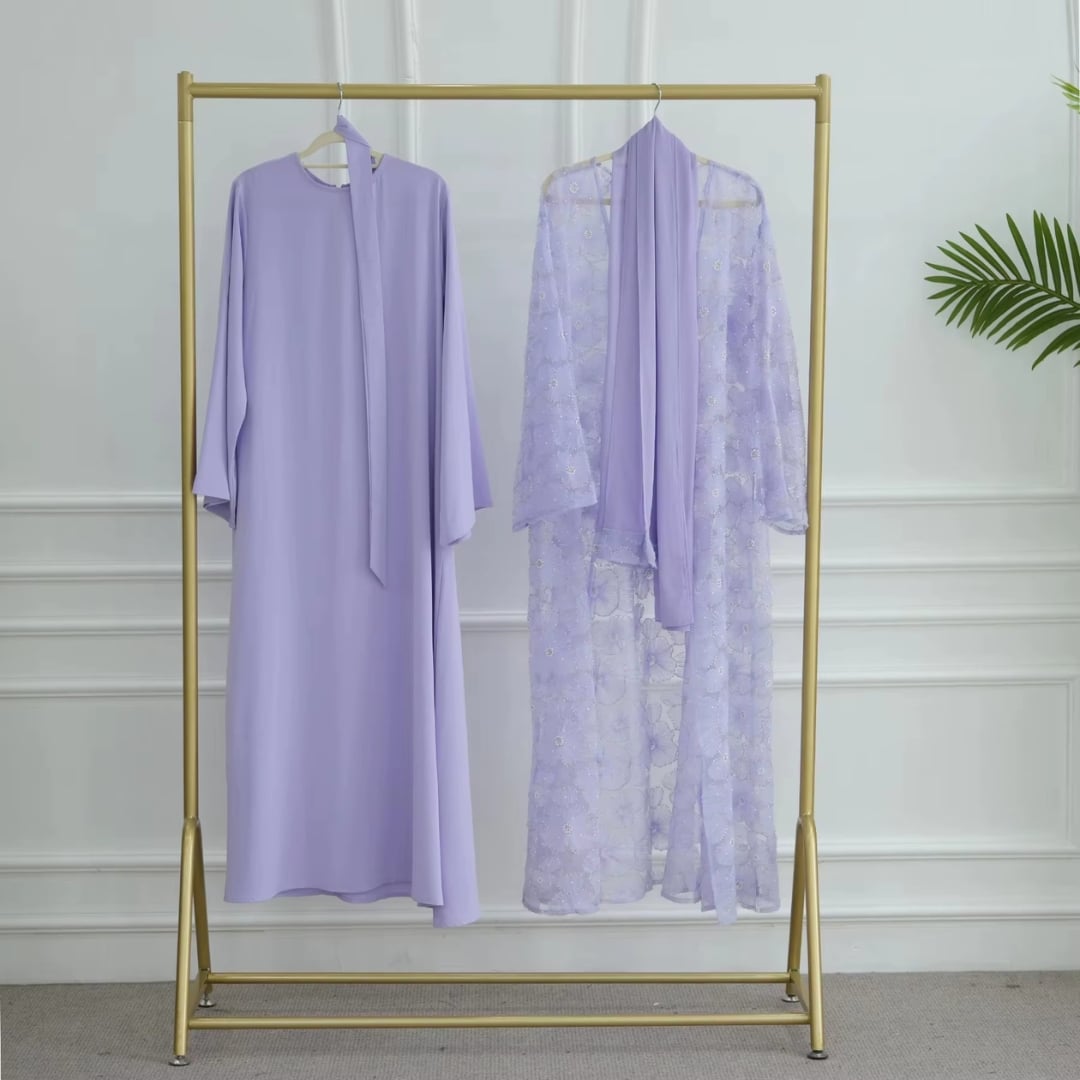 Abaya 3 Pièces avec Dentelle Perlée 9