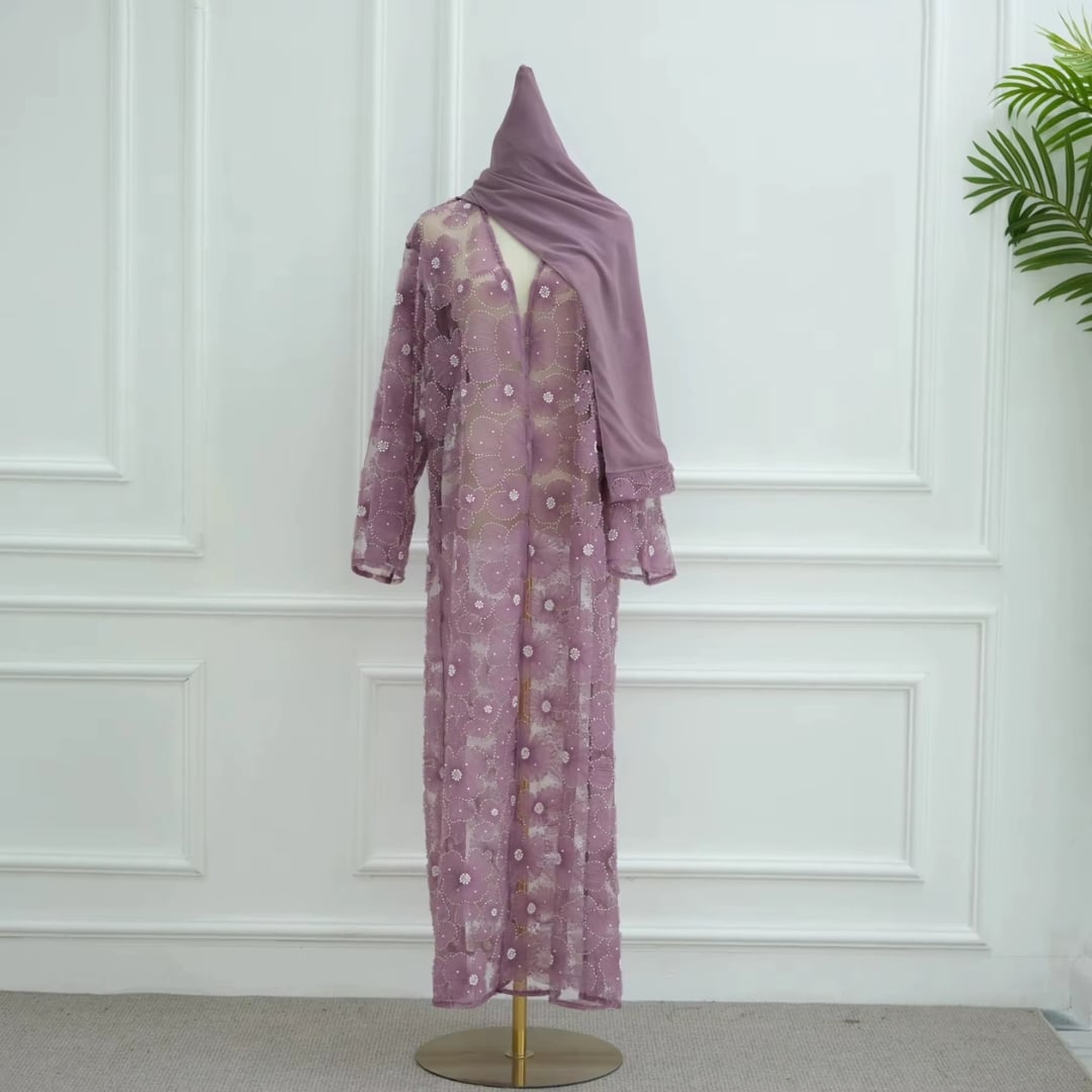 Abaya Brodée Lilas en Dentelle Florale 3