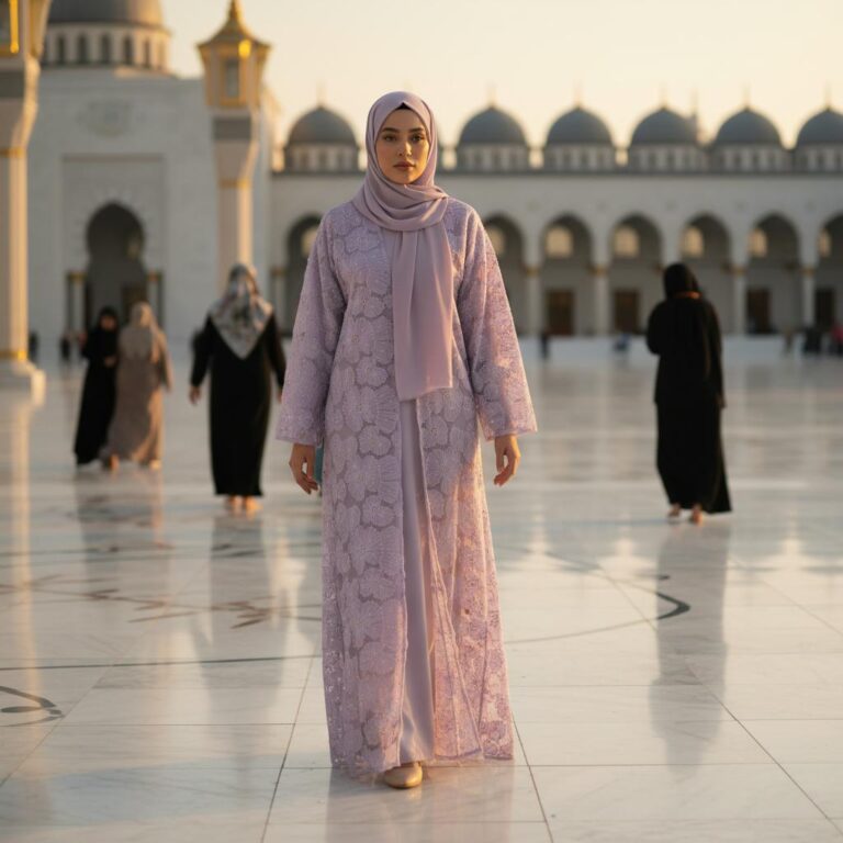 Abaya Brodée Lilas en Dentelle Florale - picture 8729