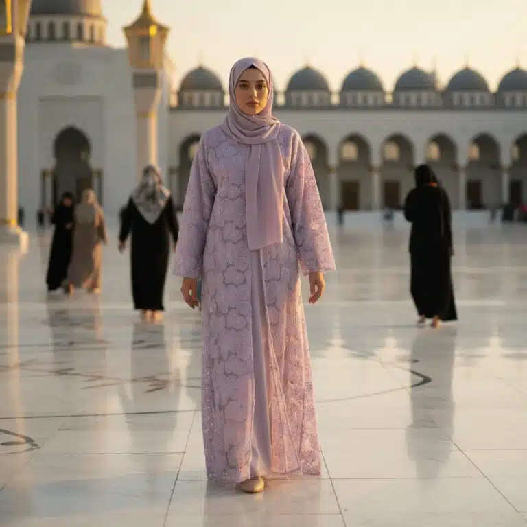 Abaya brodée lilas en dentelle florale