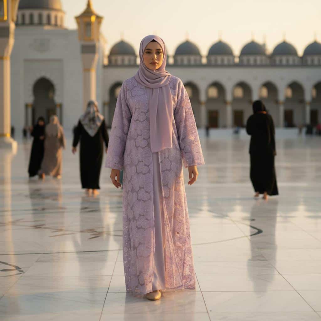 Abaya Brodée Lilas en Dentelle Florale - picture 8729