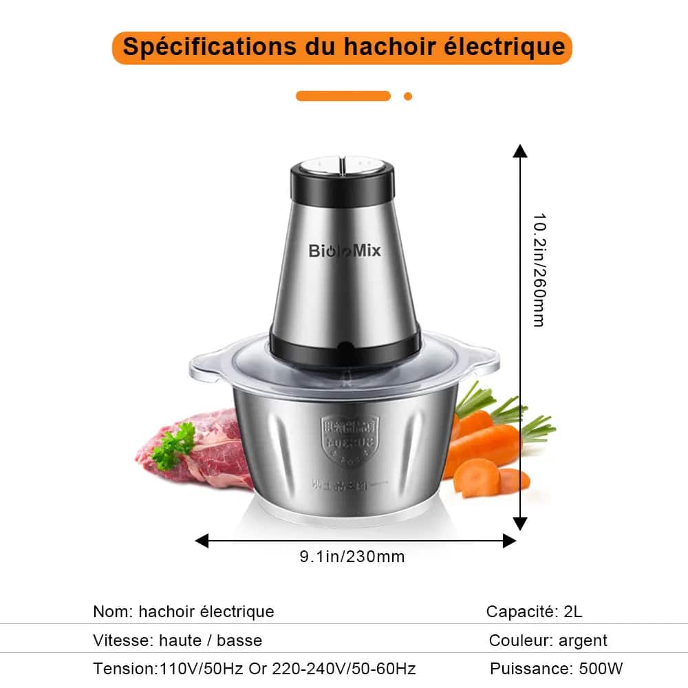 Hachoir électrique BioloMix 2L 500w bol inox double lame - 10 (12)