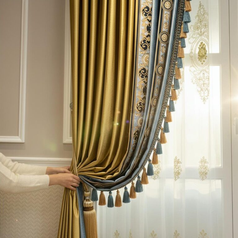 Rideaux Style Marocains Dorés et Bleus à Broderies Élégantes - picture 6017