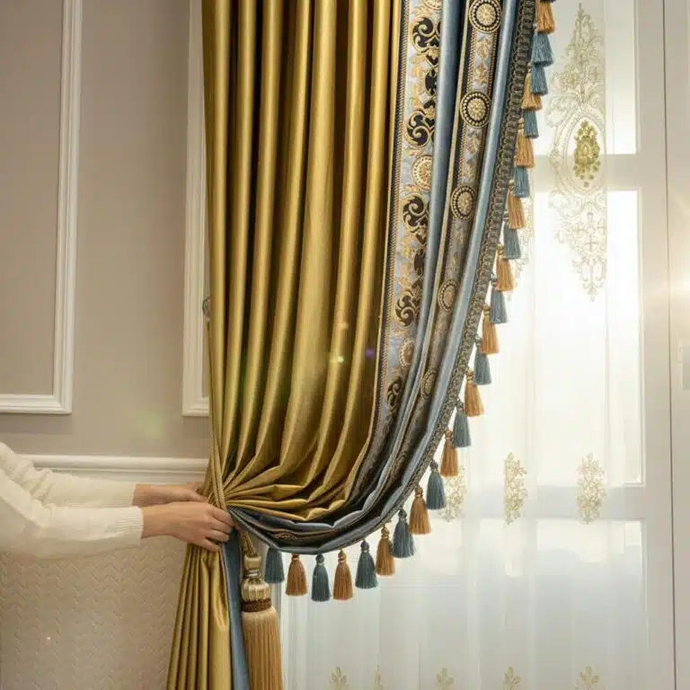 Rideaux style marocains dorés et bleus à broderies élégantes