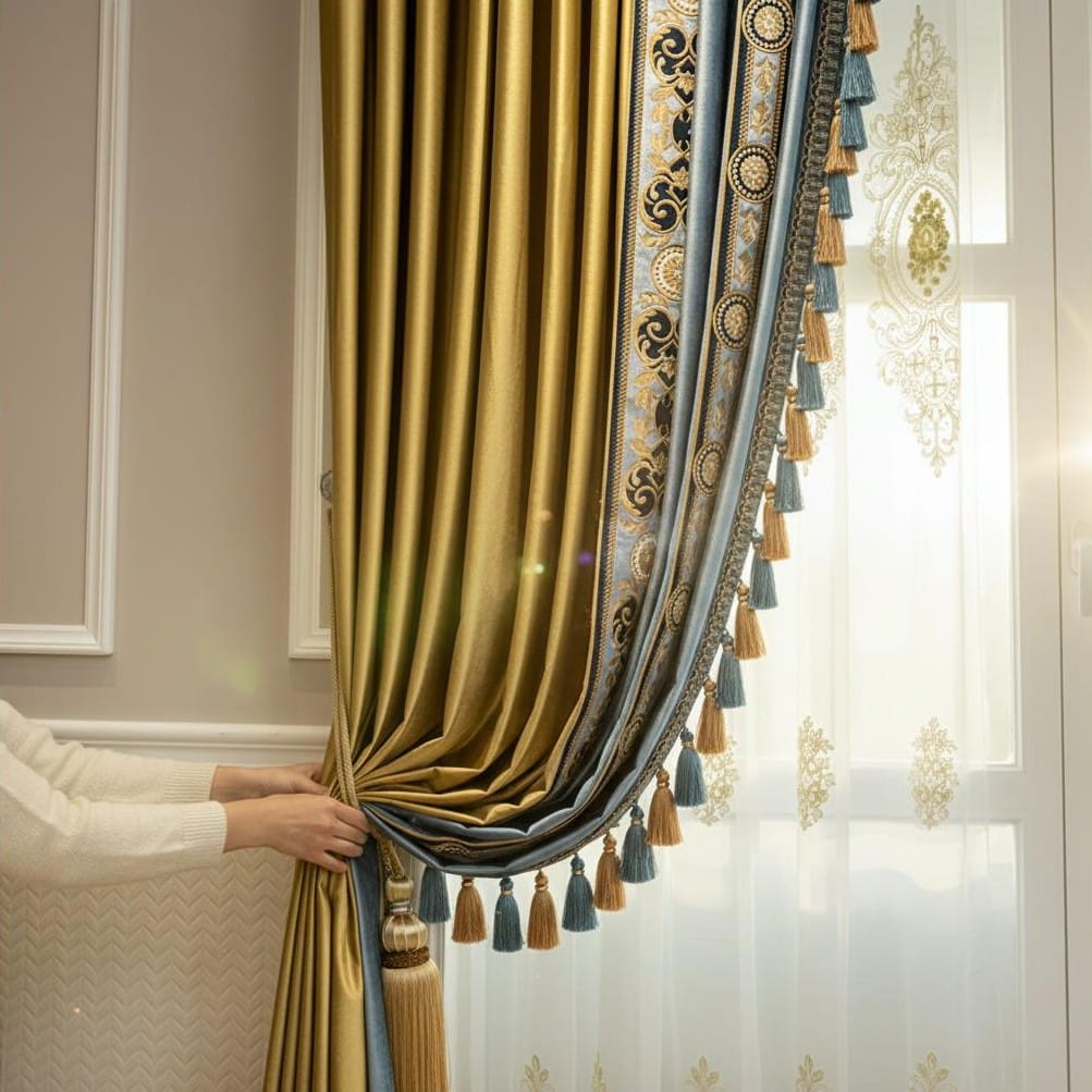Rideaux Style Marocains Dorés et Bleus à Broderies Élégantes - picture 6017
