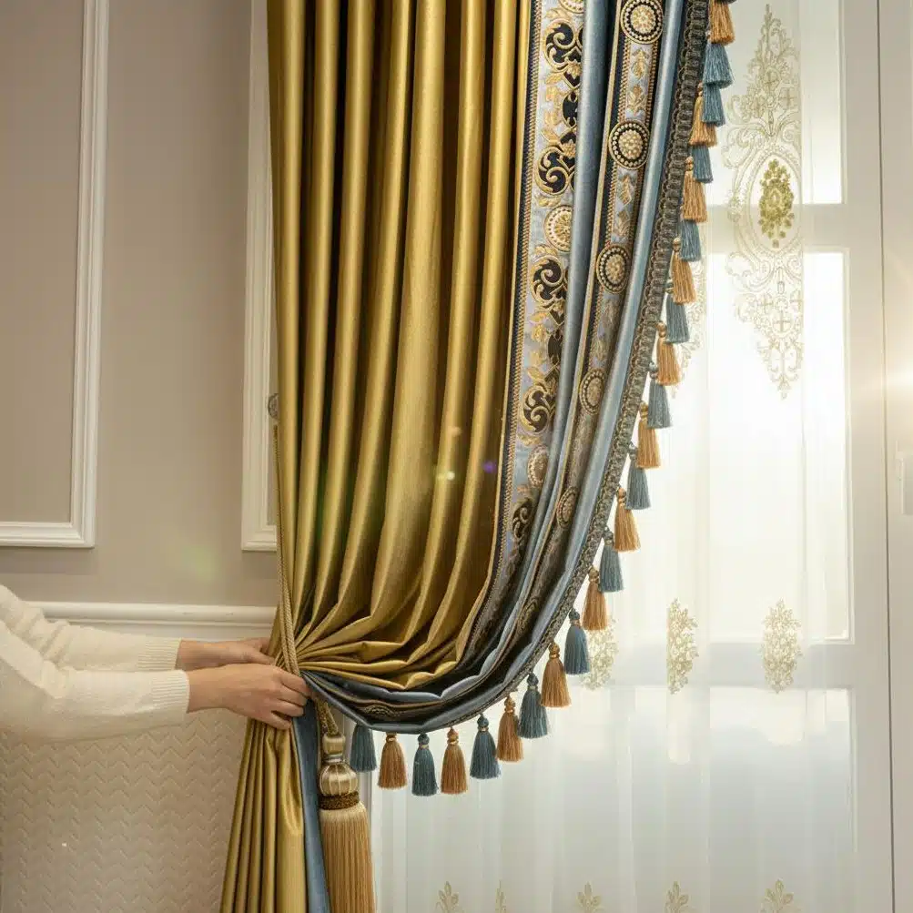 Rideaux style marocains dorés et bleus à broderies élégantes