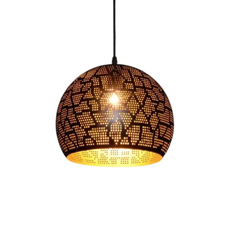 Suspension Orientale Dorée en Métal Perforé Noir Intérieur Doré