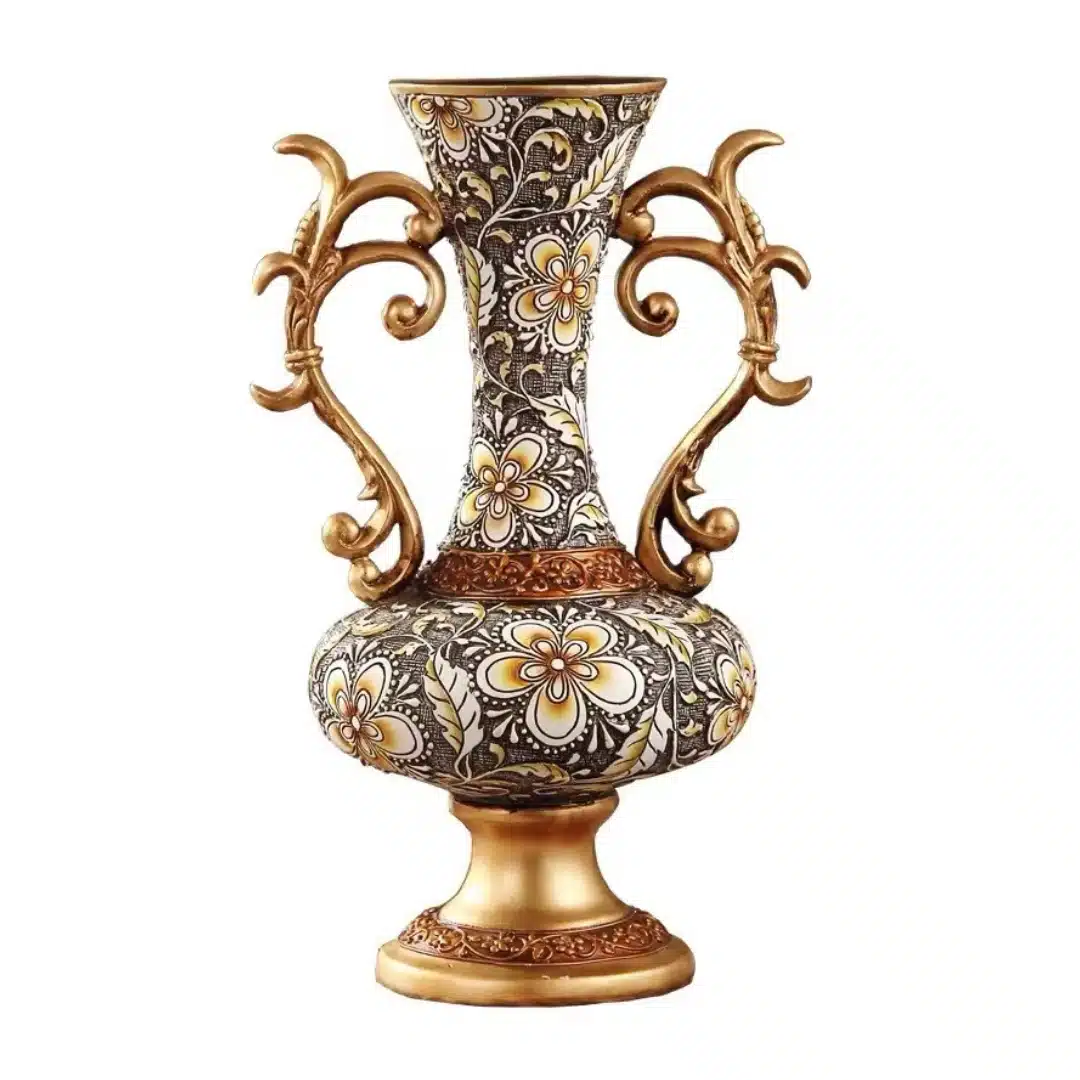 Oriental decorative vase with gold-tone floral patterns
