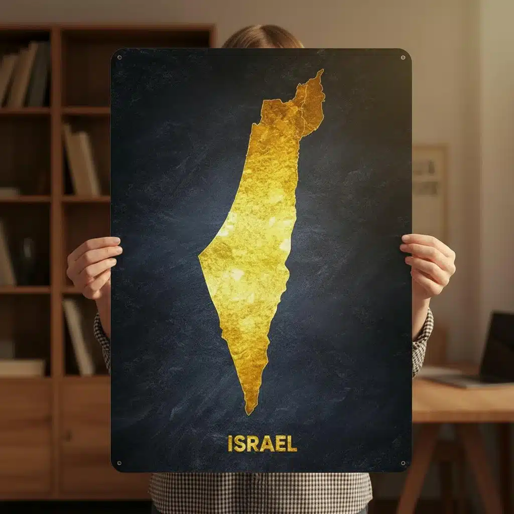 Carte murale en métal d'israël dorée