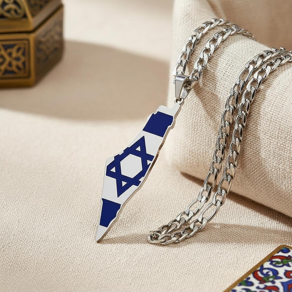 Pendentif carte Israël en acier sur chaîne