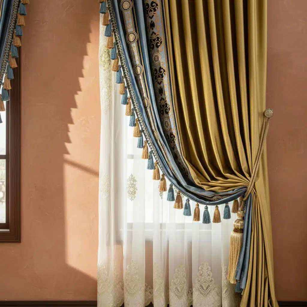 Rideaux style marocains dorés et bleus à broderies élégantes