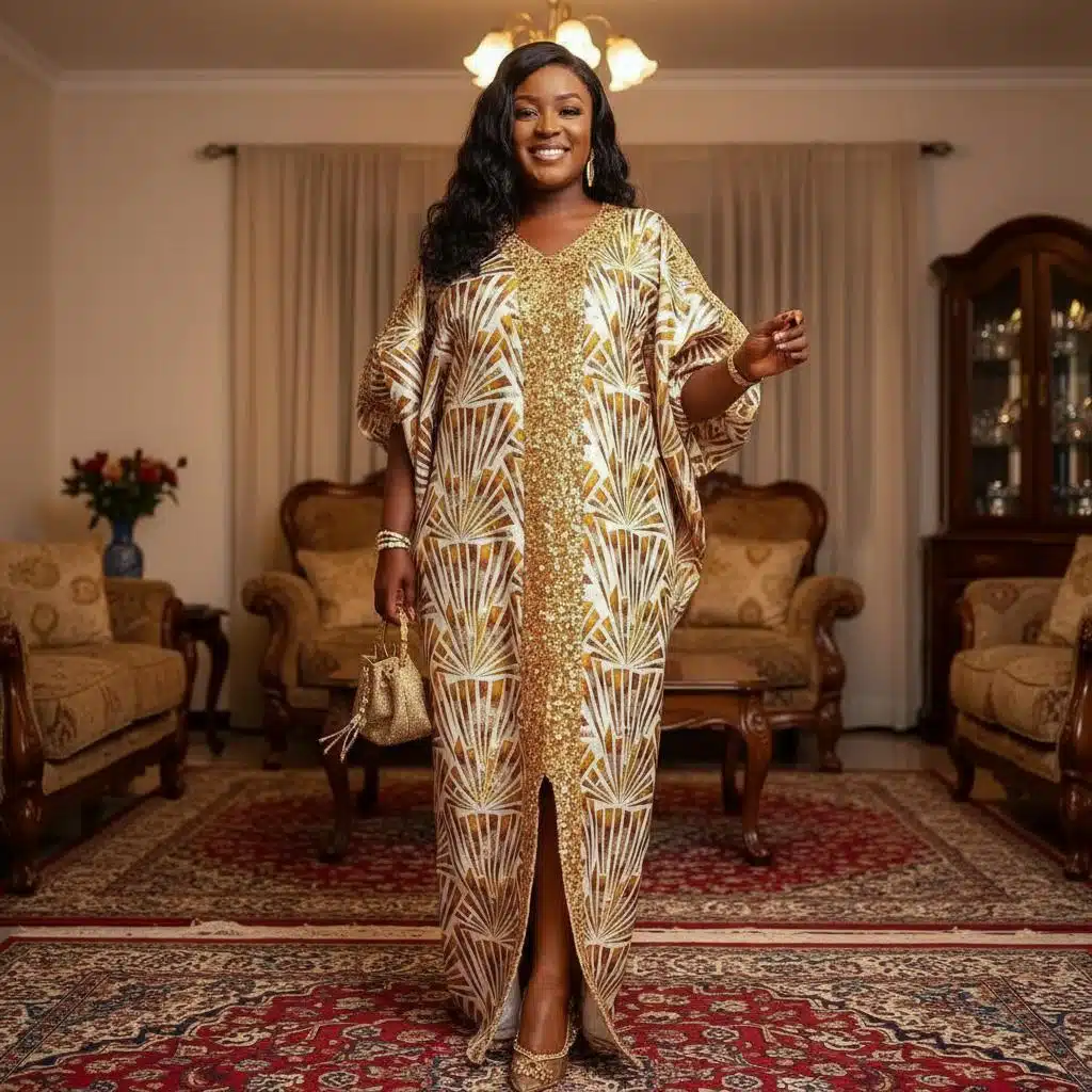 Robe orientale en tissu satin avec motifs géométriques