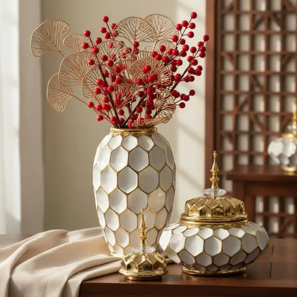 Vase décoratif oriental blanc et or alvéolé