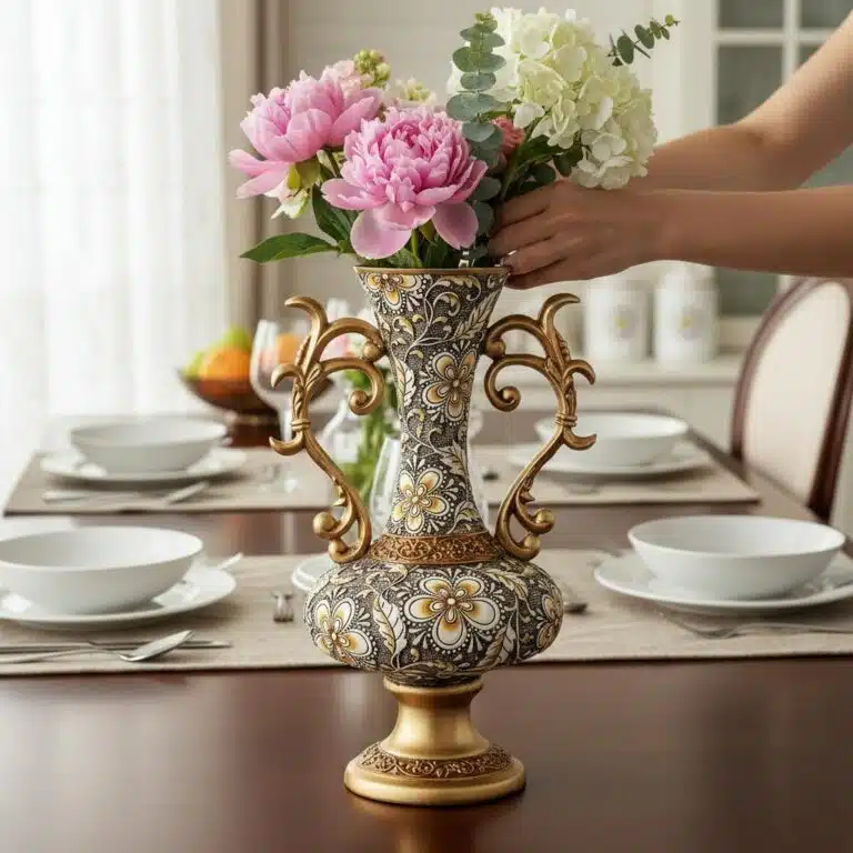 Oriental decorative vase with gold-tone floral patterns