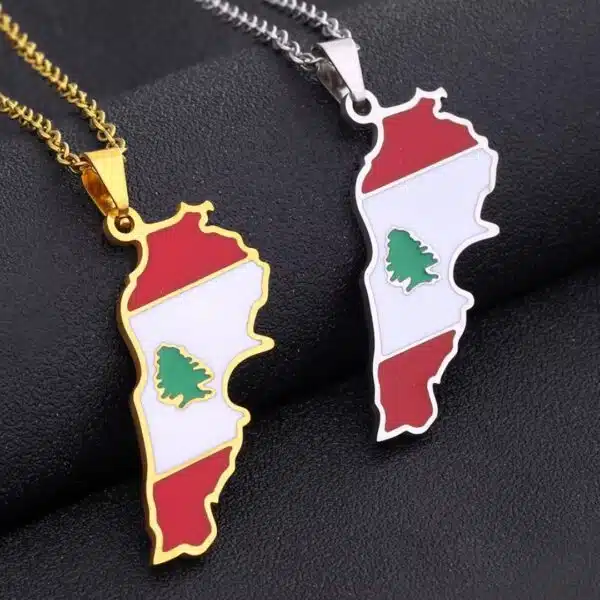Accueil Collier pendentif carte du drapeau du Liban en acier inoxydable