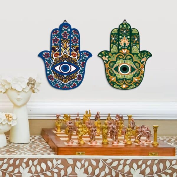 Panneaux Mural en Bois Main de Fatma Bleu et Vert en lot de 2