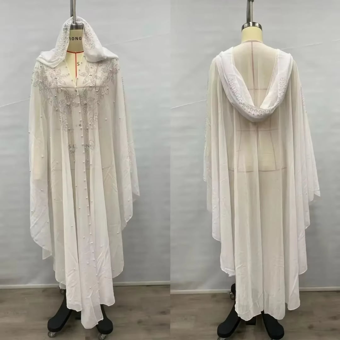 Fonkelende abayajurk met capuchon, parels en strass