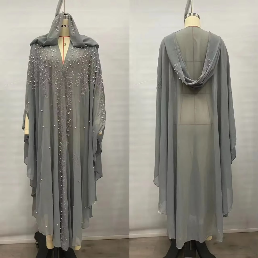 Fonkelende abayajurk met capuchon, parels en strass