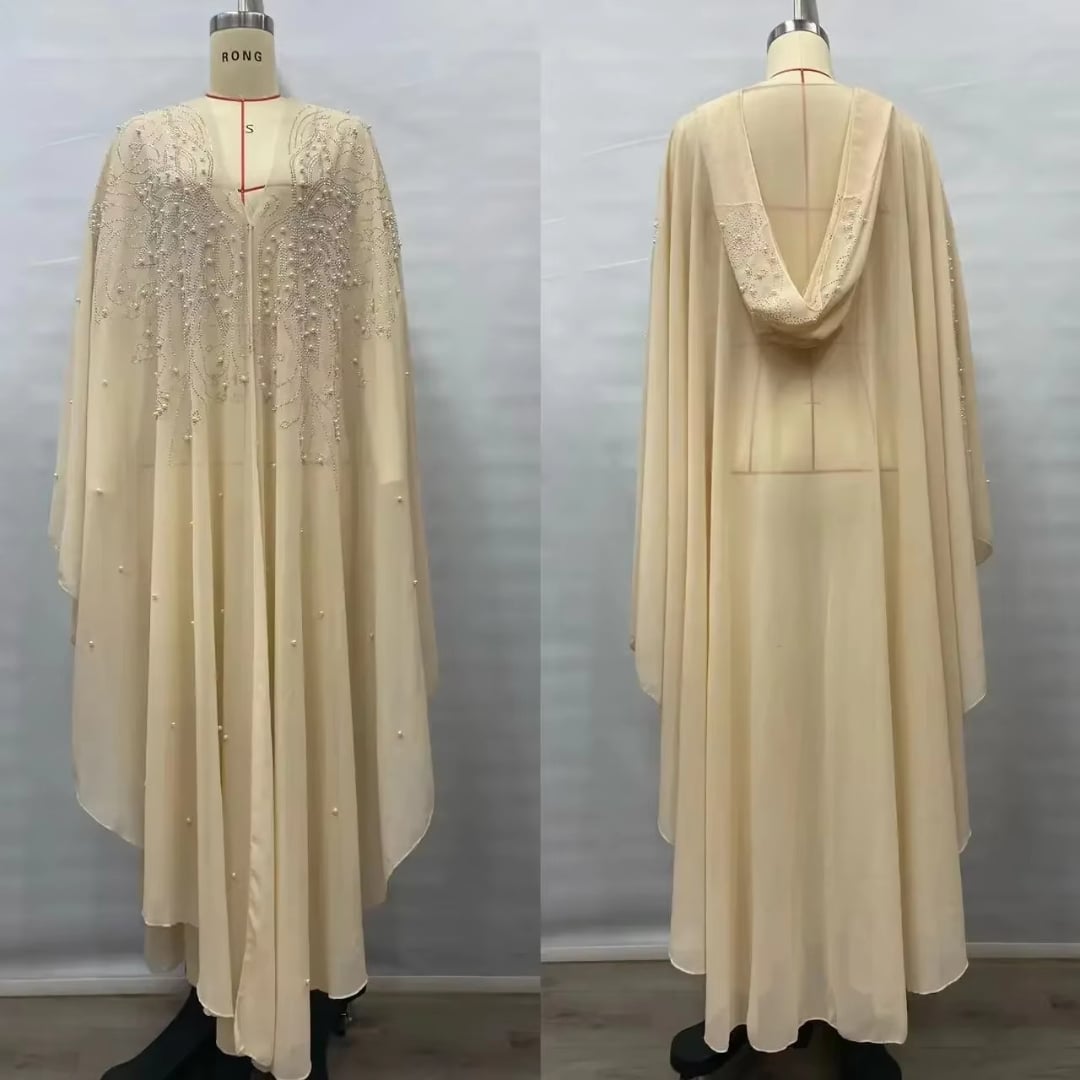 Fonkelende abayajurk met capuchon, parels en strass