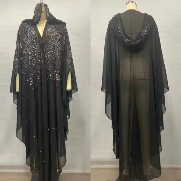 Accueil Robe abaya scintillante à capuche avec perles et strass