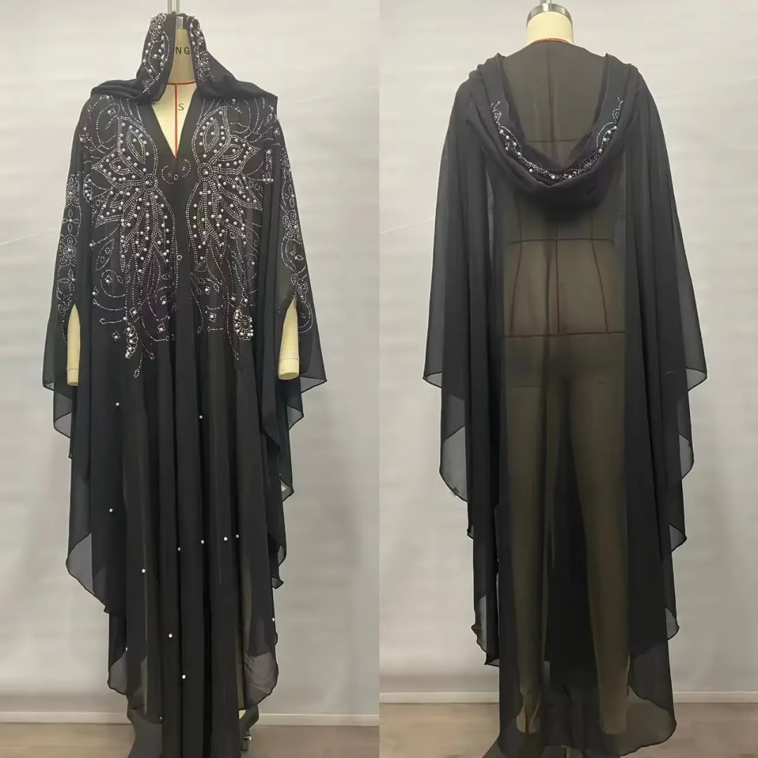 Fonkelende abayajurk met capuchon, parels en strass