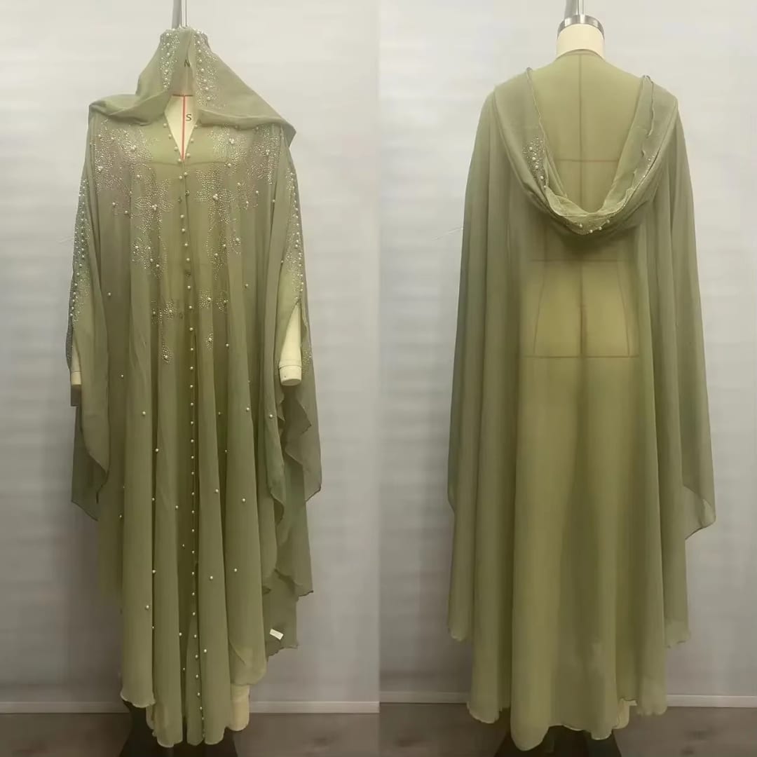Fonkelende abayajurk met capuchon, parels en strass