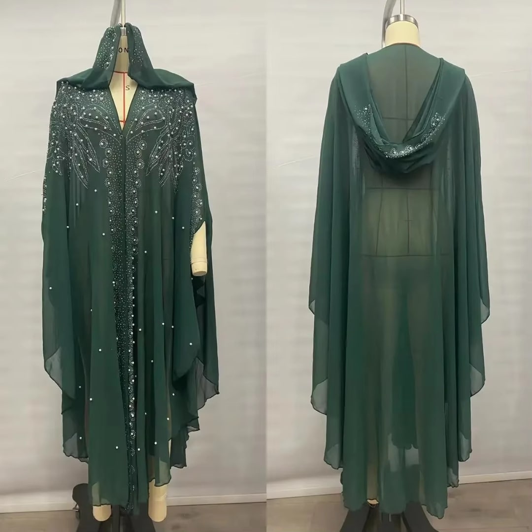Fonkelende abayajurk met capuchon, parels en strass