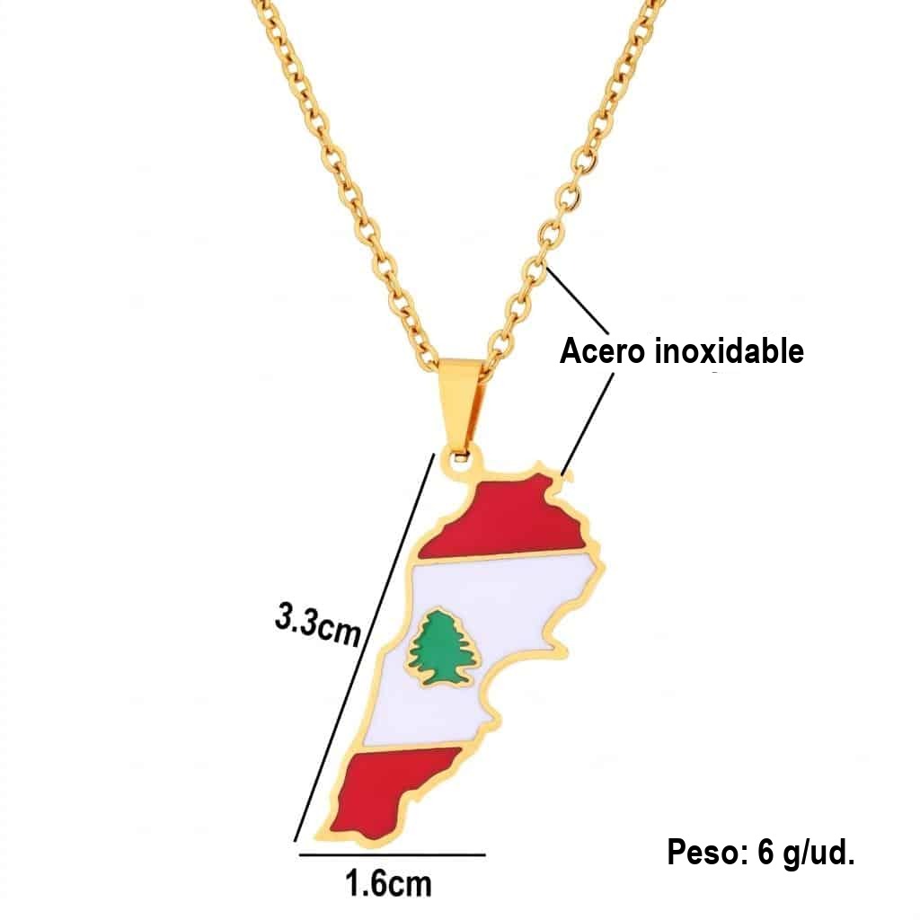 Collar con colgante mapa de la bandera del Líbano de acero inoxidable