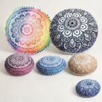 Housse-de-coussin-rond-mandala-boheme-avec-pompons-miniature