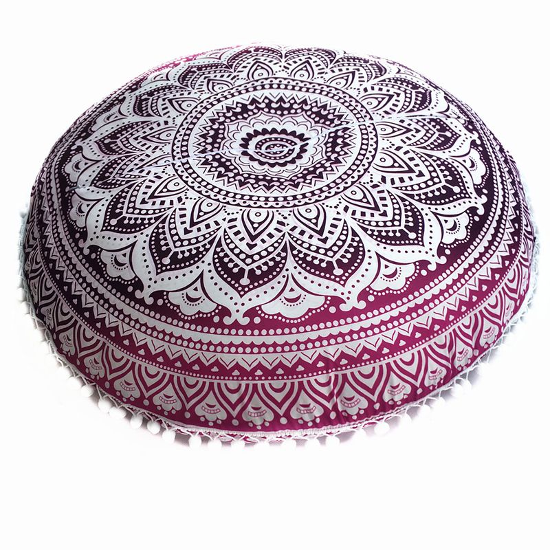 Housse-de-coussin-rond-mandala-boheme-avec-pompons-picture-1