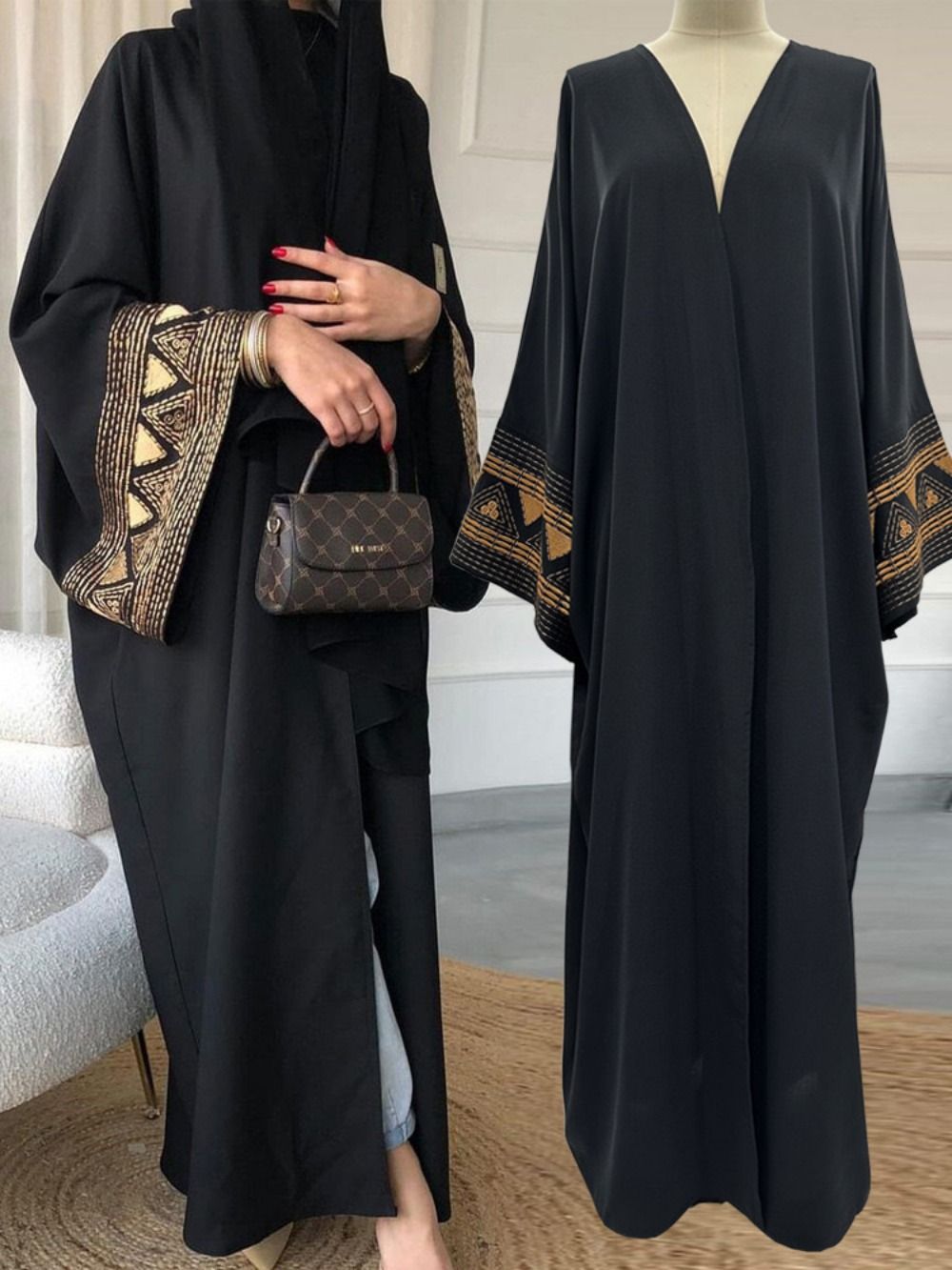 Abaya bordada inspirada no cafetã marroquino, mangas largas