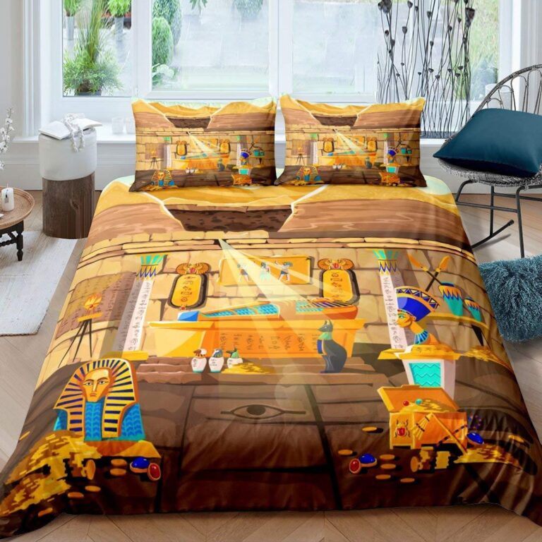 Parure-de-lit-egyptienne-avec-hieroglyphes-scarabees-dores-et-symboles-pharaoniques-picture-2