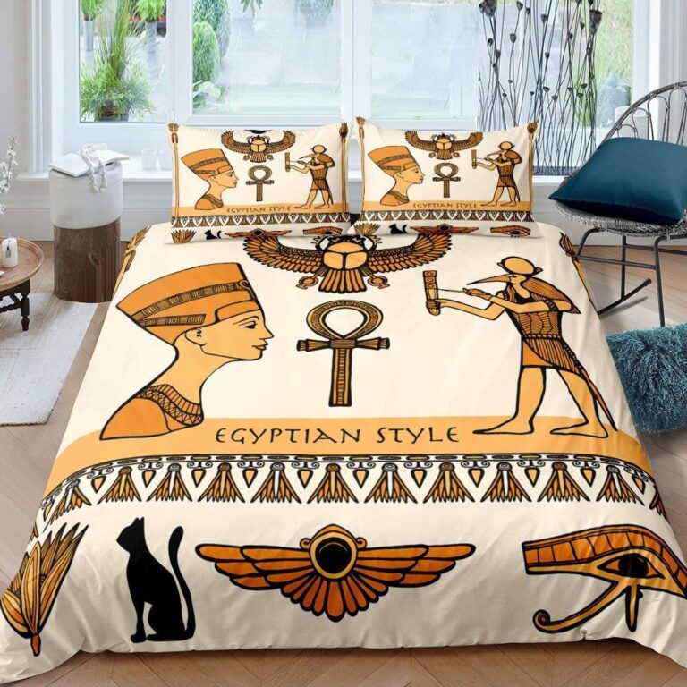 Parure-de-lit-egyptienne-avec-hieroglyphes-scarabees-dores-et-symboles-pharaoniques-picture-8