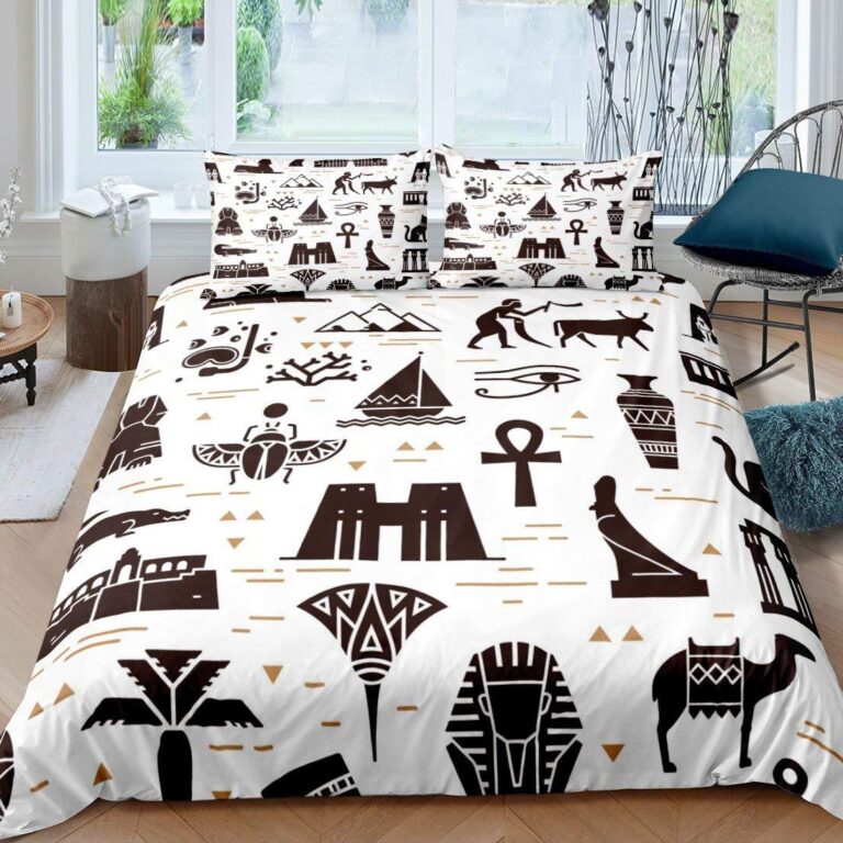 Parure-de-lit-egyptienne-avec-hieroglyphes-scarabees-dores-et-symboles-pharaoniques-picture-9