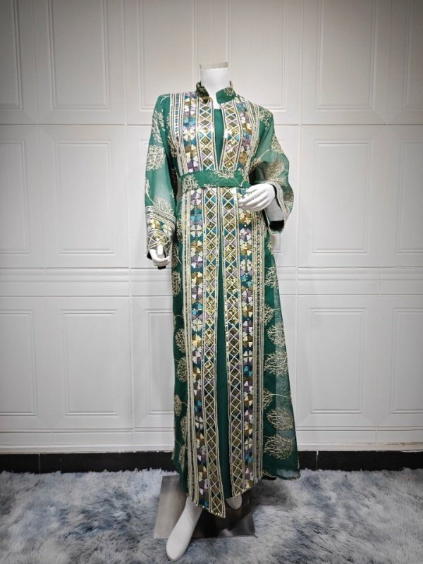 Robe-orientale-longue-brodee-avec-ceinture-et-manches-evasees-picture-10