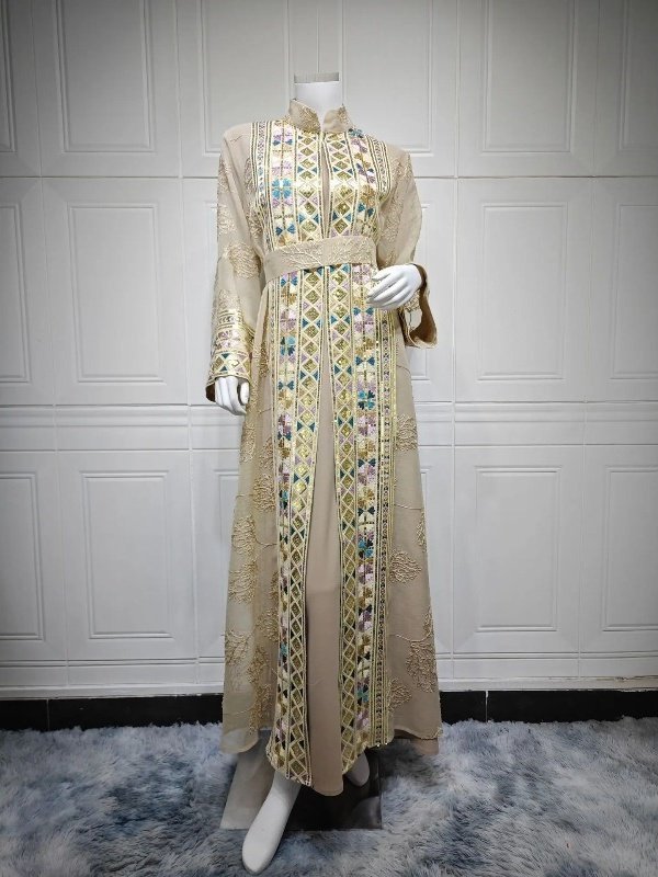 Robe-orientale-longue-brodee-avec-ceinture-et-manches-evasees-picture-9