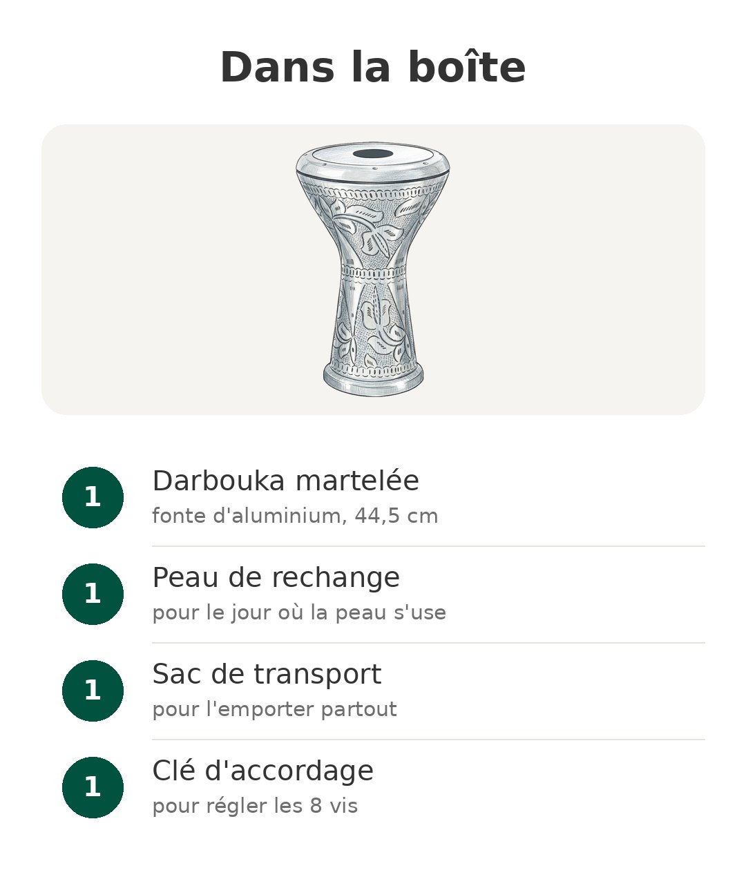 Darbouka orientale professionnelle martelée à la main avec accessoires Contenu de la boîte : Darbouka martelée